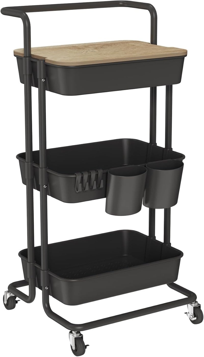 DTK 3 Tier Rolling Cart Uility Cart with Cover Board, Mobile Storage Cart with Wheels, Cups, Hooks for Office Utility Kitchen Bathroom Homeschool Art Craft Postpartum Teacher Cart Organizer(Black) - Image 1